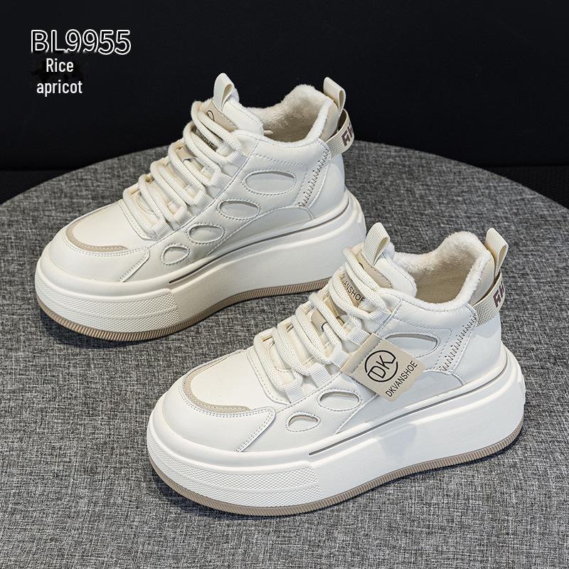 Women's Genuine Leather Velvet Platform Sneakers - Warm, Thick-Soled, Casual High-Tops for Spring 2025.