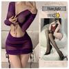 Sexy Lingerie Sexy Purple Mesh Perspective Long-sleeved Hip Skirt Waist Pure Desire Internet Celebrity Drawstring Pleated Uniform Women