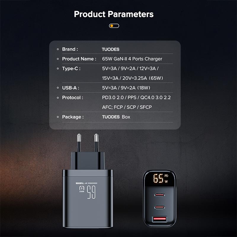 TUODES 65w GaN USB Charger PPS PD USB Type C Fast Charging QC4.0 Quick Charge For iPhone 16 Macbook Air Tablet Samsung Xiaomi Laptop