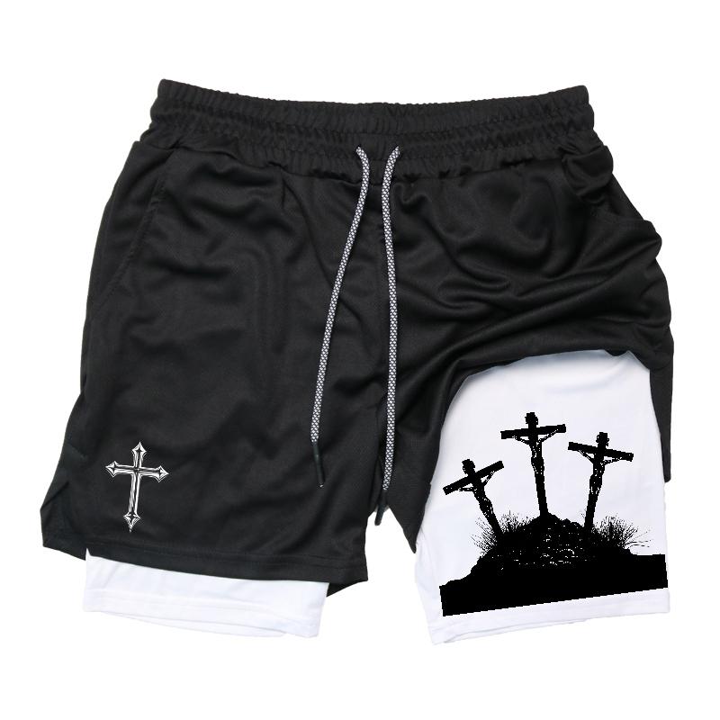 MDHAO xin nan zhuang  3D txu Kruisprint 2-in-1 Trainings- en Hardloopshorts voor Mannen Christelijk Atletisch Ademende Prestatieshorts met Telefoonvakje Handdoeklus XL