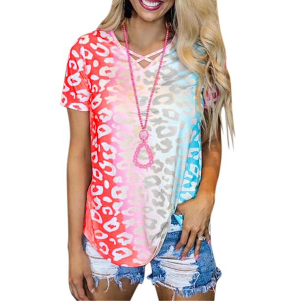 Women Tie Dyed Leopard Printed V Neck Short Sleeve Shirt