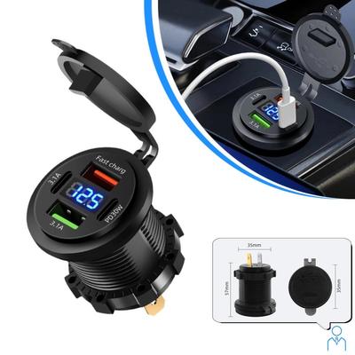 Cargador de Coche 120W Carga Rápida Cargador de Coche Pro de 4 Puertos - Carga Rápida Dual PD + QC3.0 con Pantalla LED de Voltaje Para Coches Barcos Motocicletas Automóviles RV Camiones