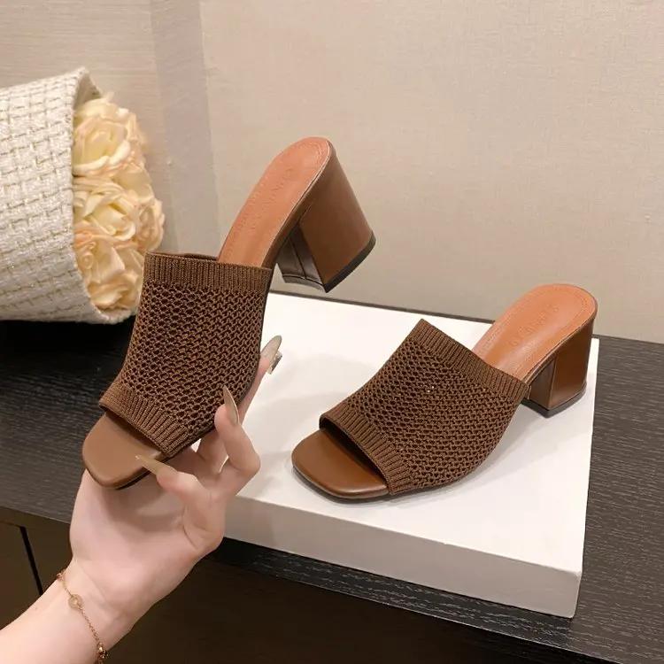 Móda 2024 Pletené vysoké podpatky Pantofle Dámské boty Letní peep toe Společenské sandály Módní Plážové Robustní Chůze Zapatos Femme Lodičky
