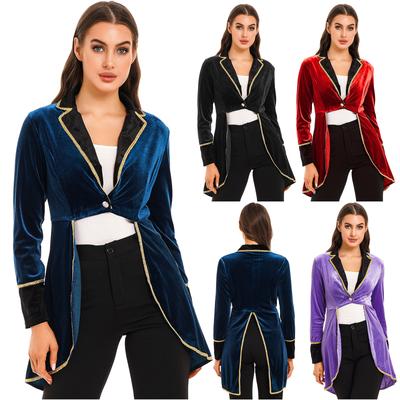 Women's Velvet Tuxedo Halloween Circus Ringmaster Coat Cosplay Costume Long Sleeve Lapel Blazers