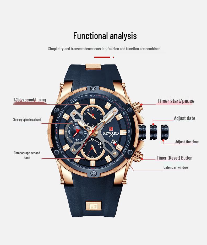 REWARD Men's Multifunction Chronograph Silicone Sports Watch - Luminous, Waterproof, Quartz Calendar (Model: RD83016M)