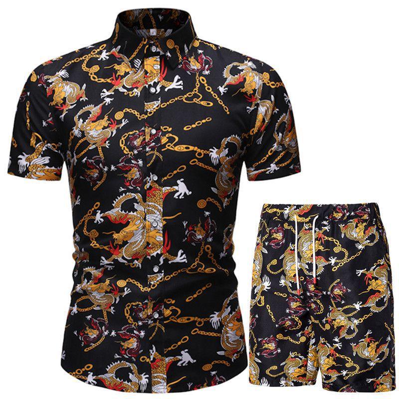 Hawaiian Beach Flower Shirt Short Sleeve Men's Large Size Shirt Shorts Printed Two-piece Suit