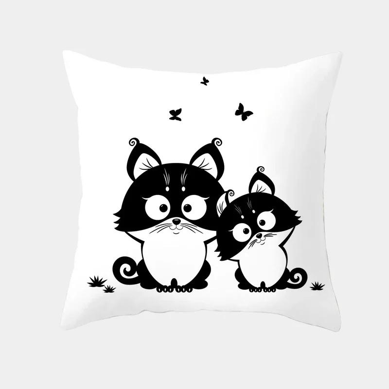 Cute Cartoon Cat Cushion Cover Creative Black White Naughty Cat Pillow Case Home Textiles Decorative Pillow Cover For Sofa
