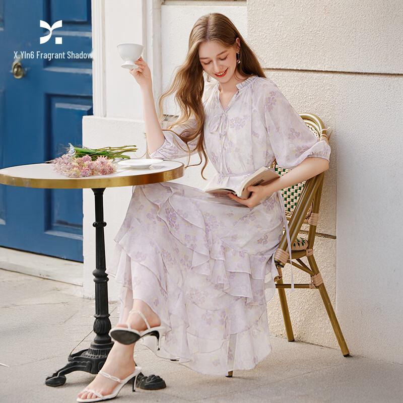 Women s French V-Neck Floral Chiffon Dress L