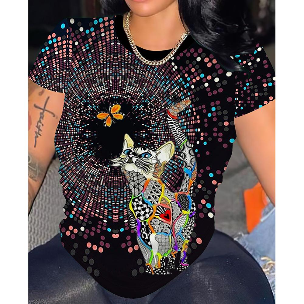 

Повседневная одежда. Летняя женская футболка с короткими рукавами с принтом Cyberpunk Cat, большие размеры.