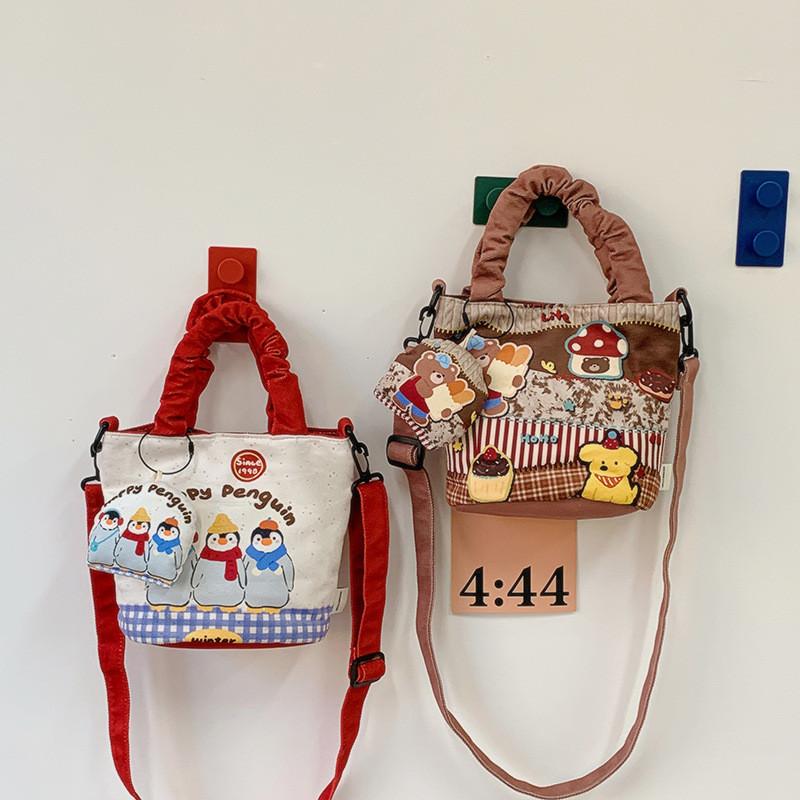 Cute Illustration Dopamine Canvas Small Bucket Bag With Cartoon Penguin And Bear Print Design For Daily Use