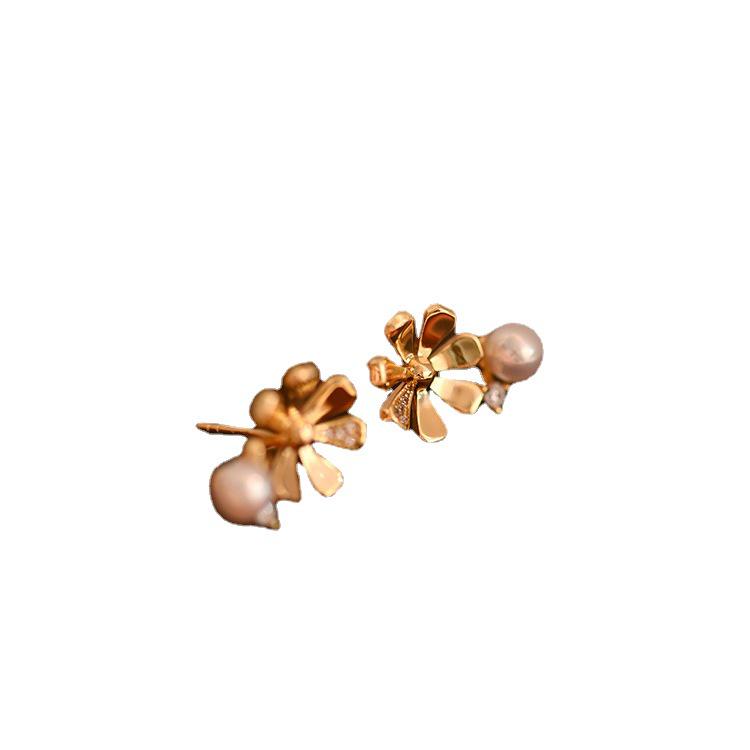 Gold-Plated Sterling Silver Pearl & Zircon Stud Earrings - Elegant, Fashionable, Unique Design for Women