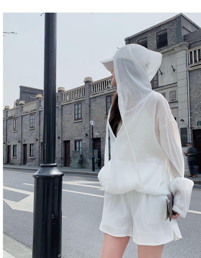 2025 Women's Summer Sun Protection: Loose White Hooded Long-Sleeve Top & Shorts Two-Piece Set