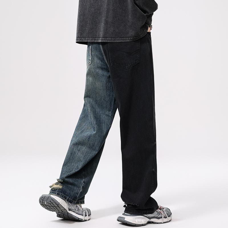 American High Street Blue and Black Contrast Retro Jeans Men and Women Same Style Loose Wide-leg Pants