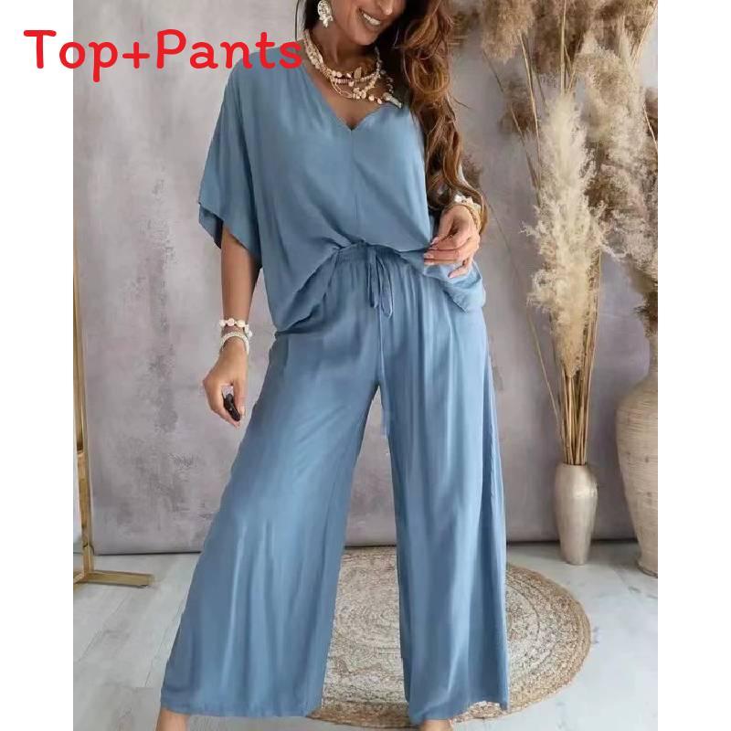 Relaxed Fit Womens V Neck Batwing Sleeve Pantsuit With Tie Detail For Casual Summer Wear