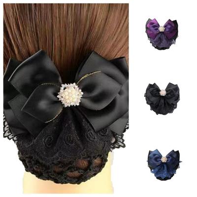 Sweet Pearl Bowknot Spring Clip Rhinestone Korean Style Bun Snood Headwear Ribbon Hair Net Cover Hotel