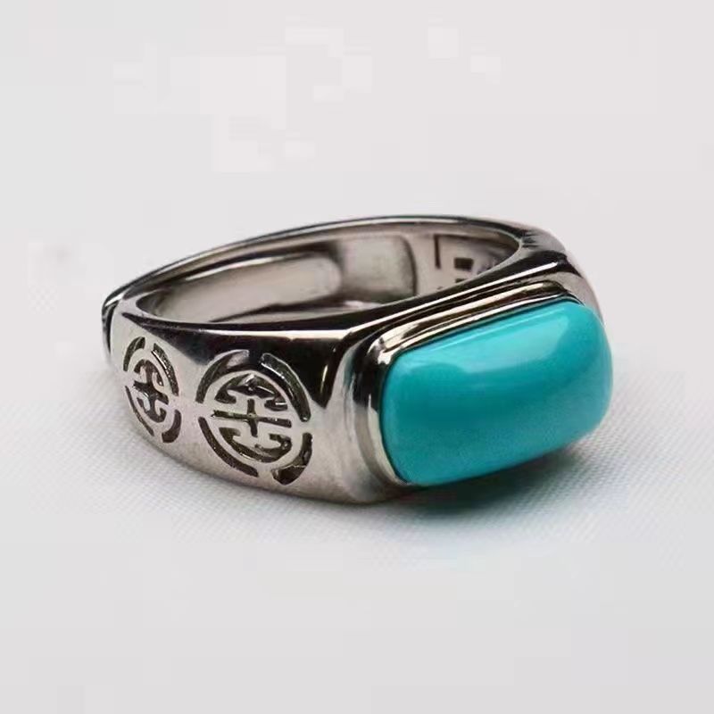 Classic Silver 925 Ethnic Style Turquoise Saddle Rings for Women Simple Retro Hollow Out Green Ring Couple Style Banquet Jewelry