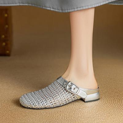 Fashion Women's New Genuine Leather Cowhide Round Head Woven Hollow Breathable Low Heel Plus Size Toe Wrapped M Ü Ller Slippers
