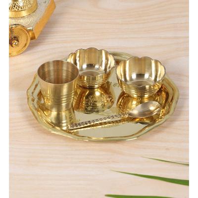 New 5 Inch Brass Pooja Thali Set - Golden, Gifts for Puja Ceremony - Set of 5 Pieces, Round