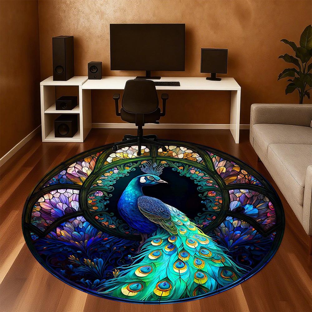 1pc Peacock StainedGlass Round Chair mat office Area Rug - Non-Slip, Floor Mat for Office, Bedroom, Ideal home decor gift c0112068