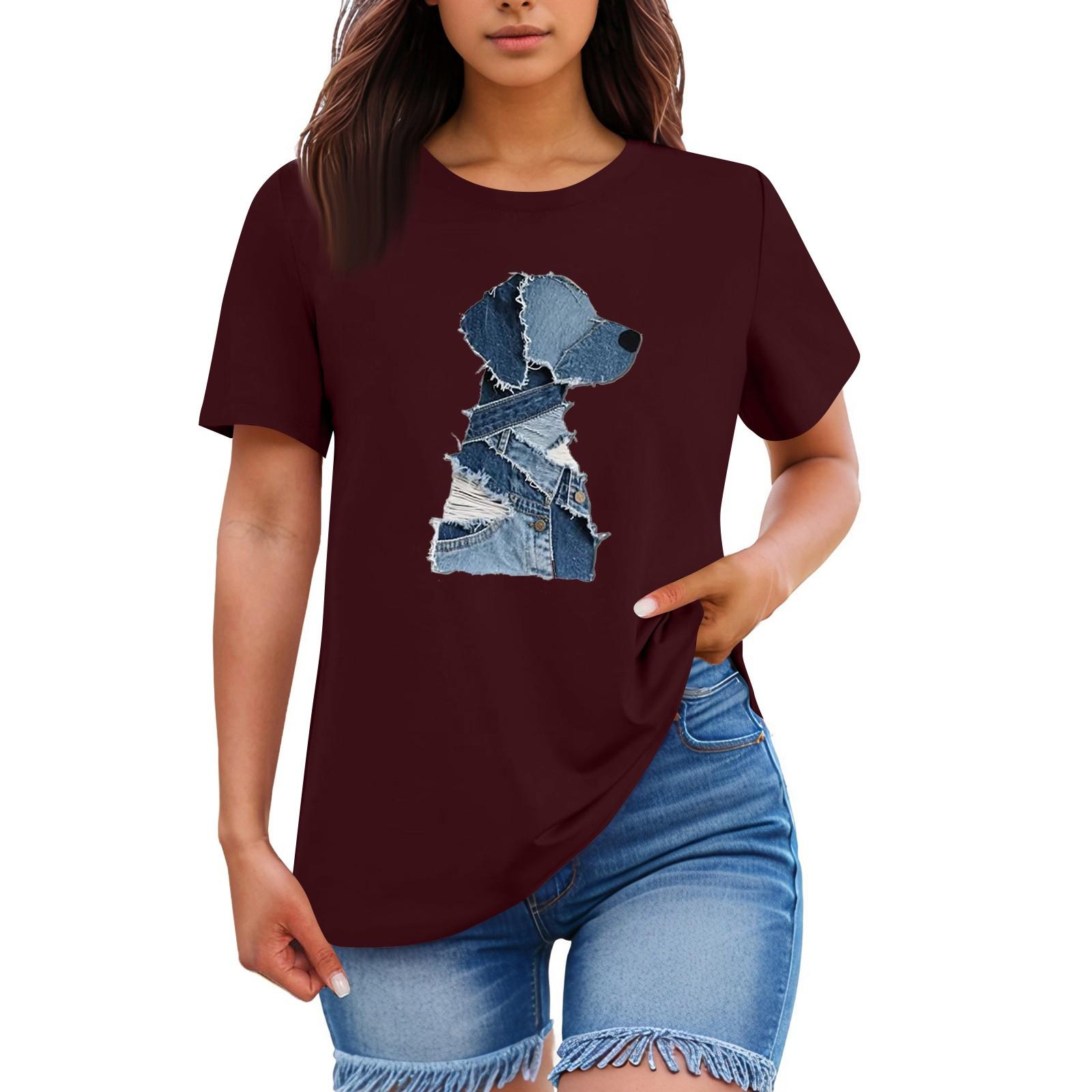 

Женская свободная удобная повседневная модная футболка с круглым вырезом и короткими рукавами с животным принтом XL винный