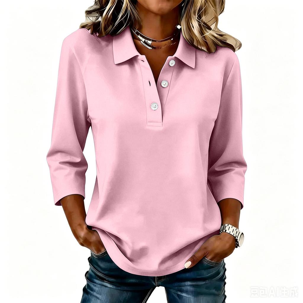 Women's Casual Button Front Polo Shirt Three Quarter Sleeve Solid Color Collared Top Lightweight Comfortable Fit for Everyday Wear