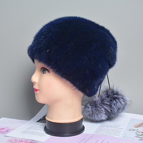 Natural Mink Fur Hat for Women New Winter Warm Hats with Balls Luxury Lady Knitted Stretch Real Mink Fur Christmas Hat