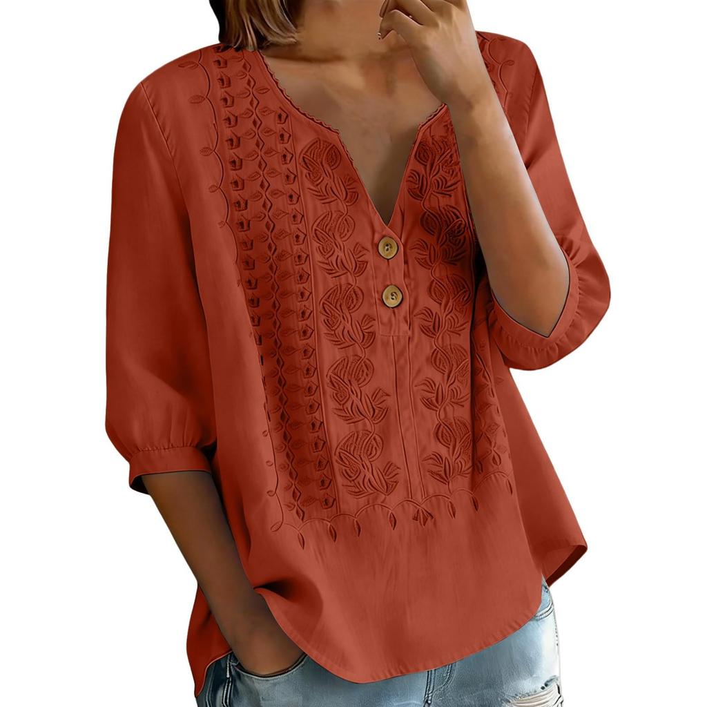 Damen V-Ausschnitt Dreiviertelarm Bestickte Knopfleistenbluse mit Blumenmuster Lockerer Schnitt Lässiges Oberteil