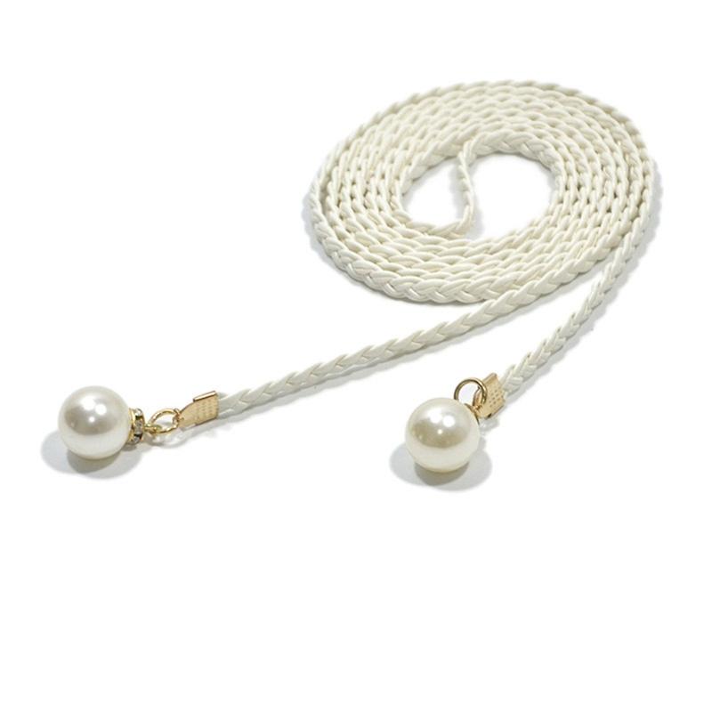 2Pcs Fashion Woven Waist Rope Adjustable Laceup Waist Belt with Pearls Decors for Women Dresses and Skirt All Matching