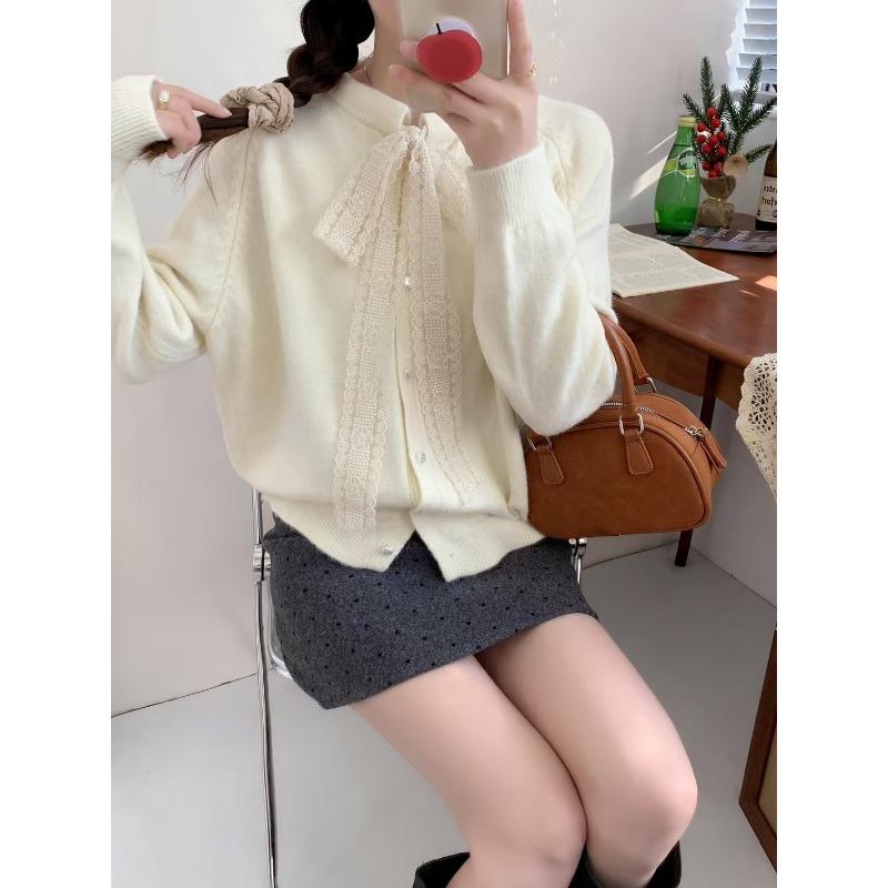Gentle Wind Lace Lace-up Crew Neck Knitted Cardigan Top Women's Spring and Autumn New Loose Sweet Age-reducing Sweater Jacket