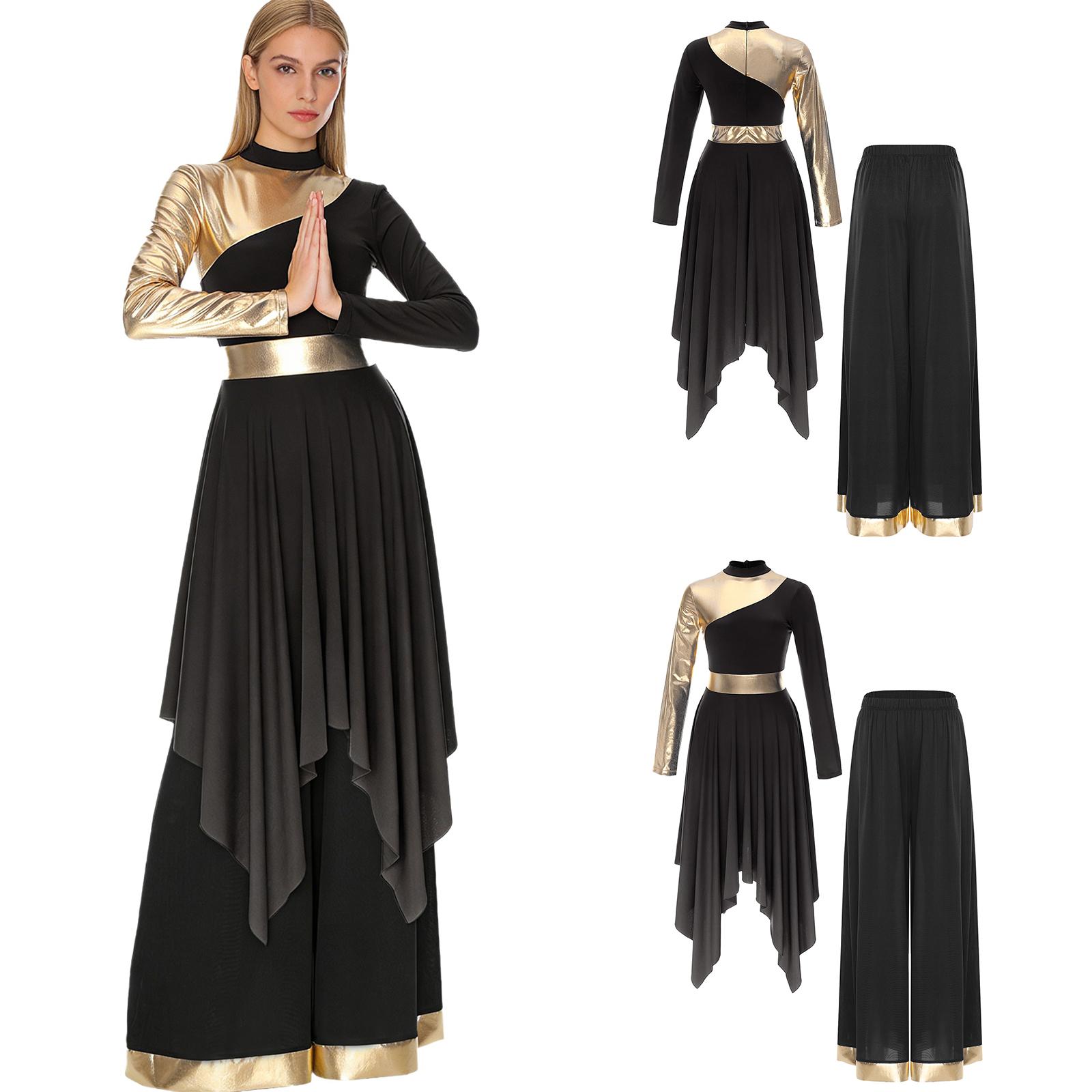 

Women s Worship Praise Dance Costume S-XXL: Long Sleeve Asymmetrical Hem Dress & Wide Leg Pants Contrast Color Dancewear Outfits S чорний
