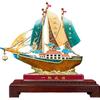 Aris & Juno Hand-Painted Copper Sailboat Statue with Crystal Glass and Wood Base, Traditional Chinese Smooth Sailing Symbol Sculpture for Office Desk