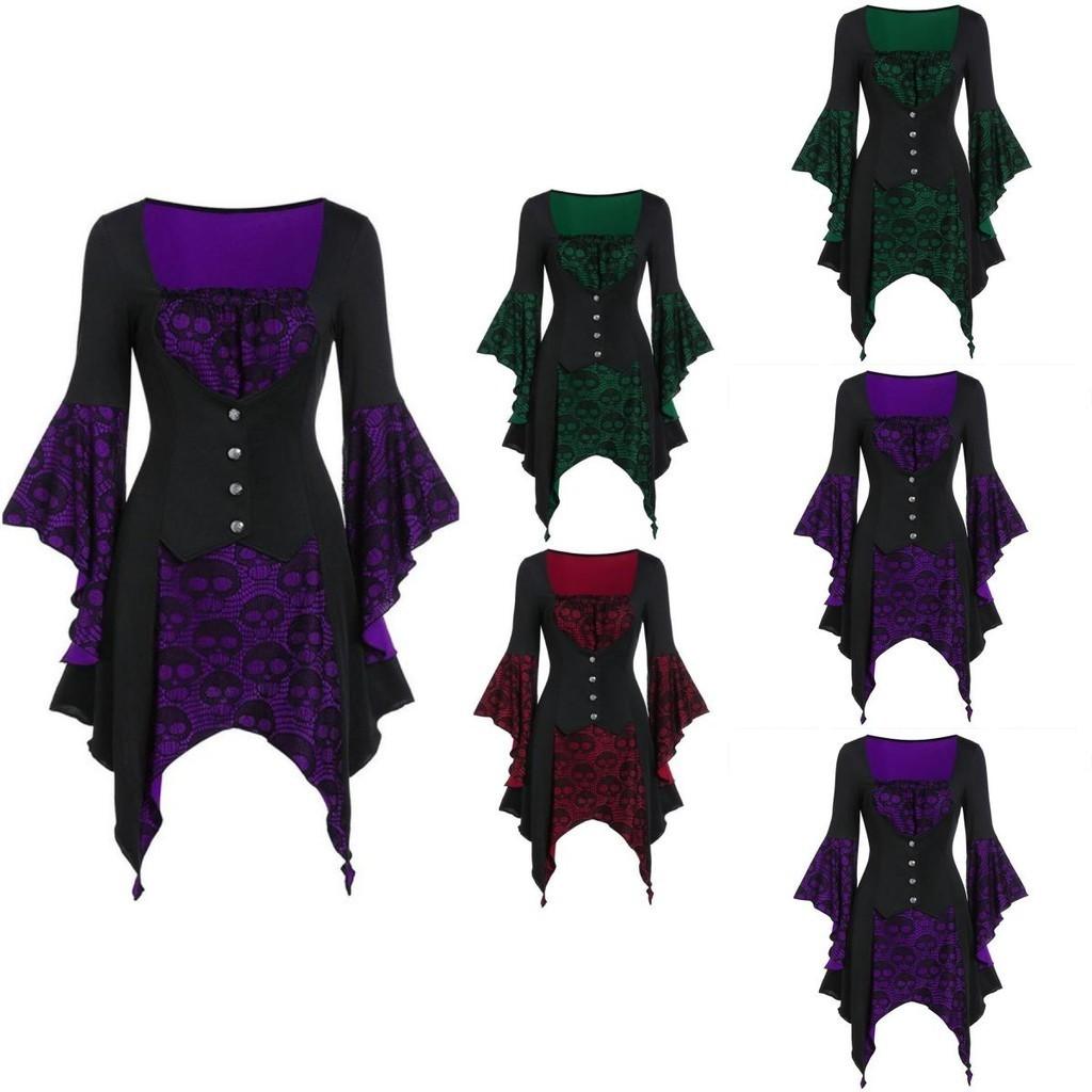 Women's Vintage Skull Head Medieval Gothic Witch Cosplay Costume Dress For Halloween Party
