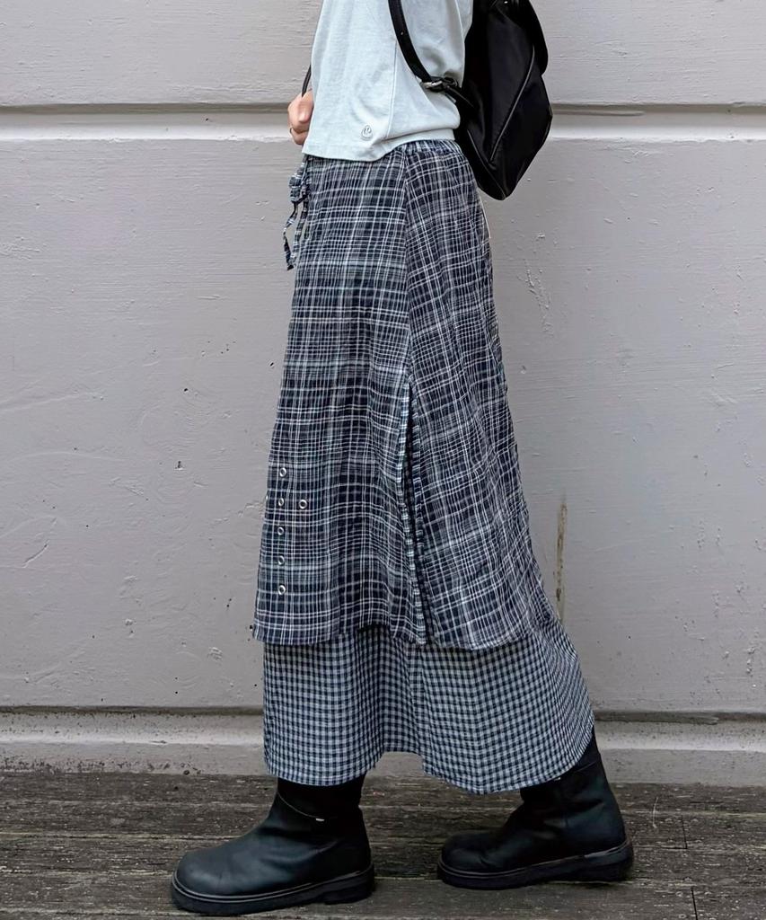 Plasma Sphere Duplex Stud Cross Eyelet Check Layered Long Wrap Skirt_2 Colors