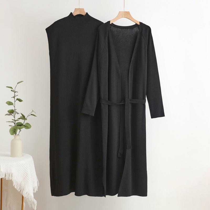 

Элегантные однотонные вязаные комплекты из 2 предметов для женщин, трикотажные изделия без рукавов с О-образным вырезом, платье-пуловер, комплекты: свитер с длинным рукавом, кардиган One size чёрный