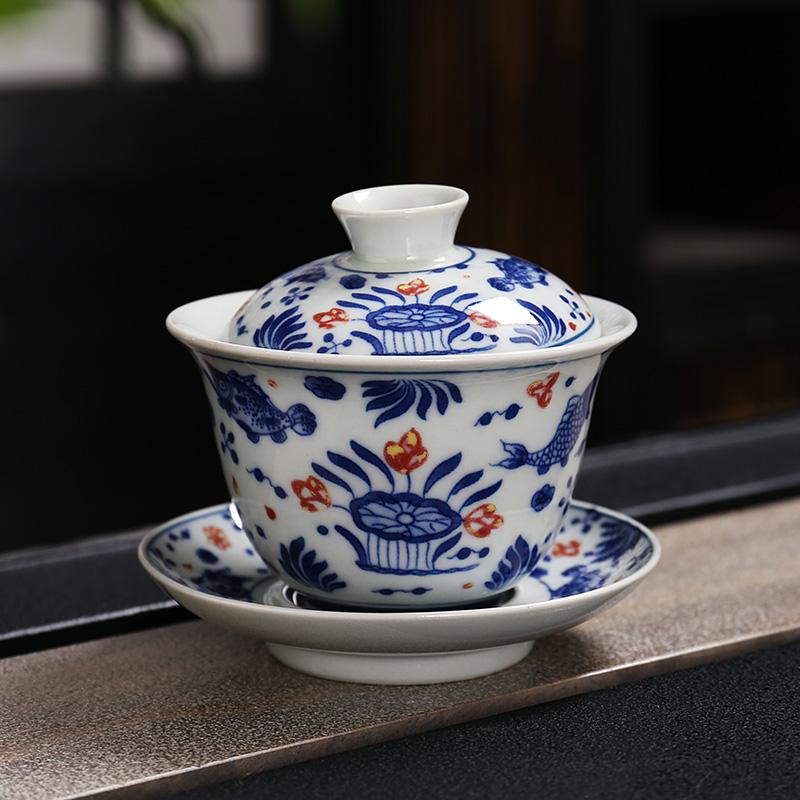 Ceramic Single Lid Bowl, Large Capacity Chinese Blue and White Three Piece Cover Bowl, Retro Tea Maker, Tea Cup