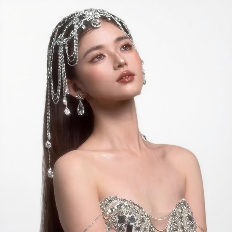 Exquisite Crystal Bridal Headwear Princess Forehead Chain with Pendant Beaded Fringe Bohemian Wedding Headpiece for Women