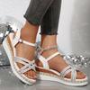 Fashion Fashion Crystal Wedge Heeled Sandals Women Summer Cross Straps White Sandles Woman Ankle Buckle Gladiator Sandalias Plus Size 43
