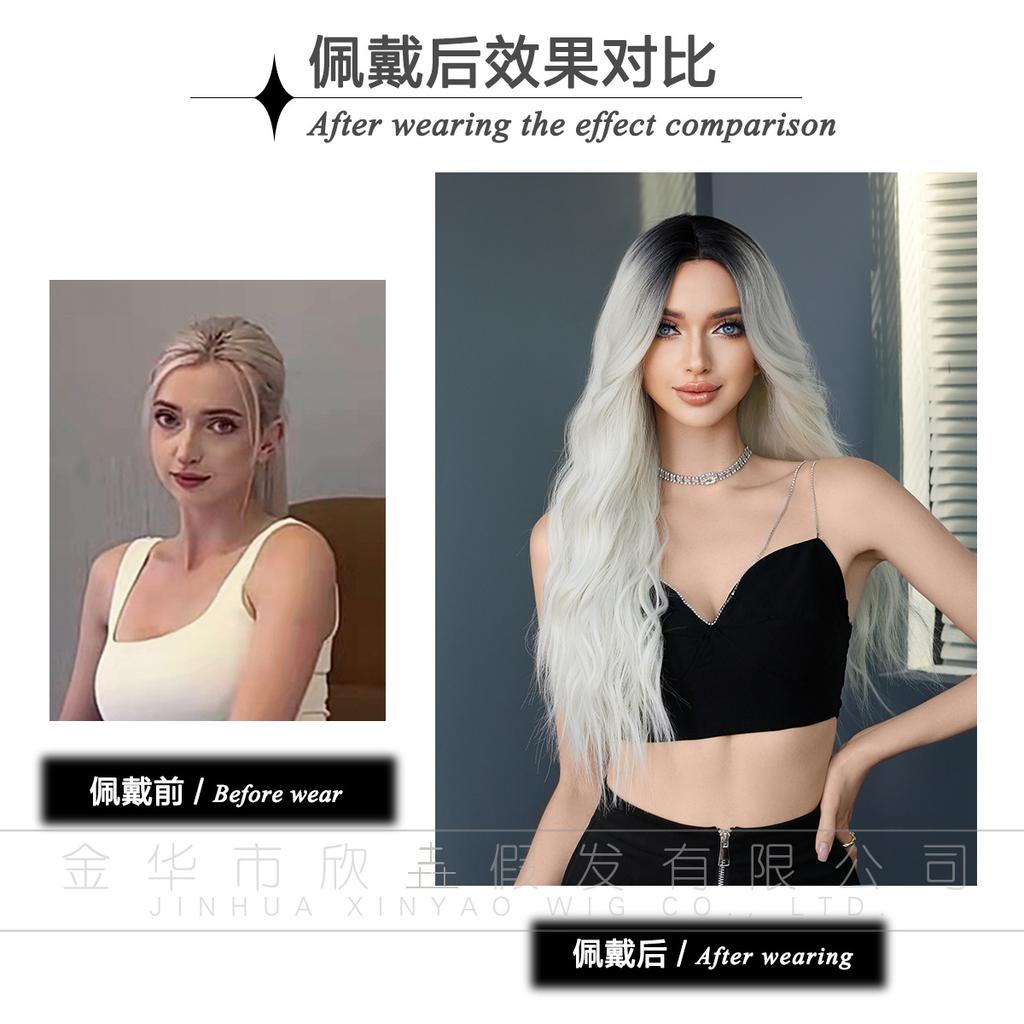 European American Medium Length Curly Hair Wig With Big Waves Silver White Top Dyed Christmas Full Head Cover