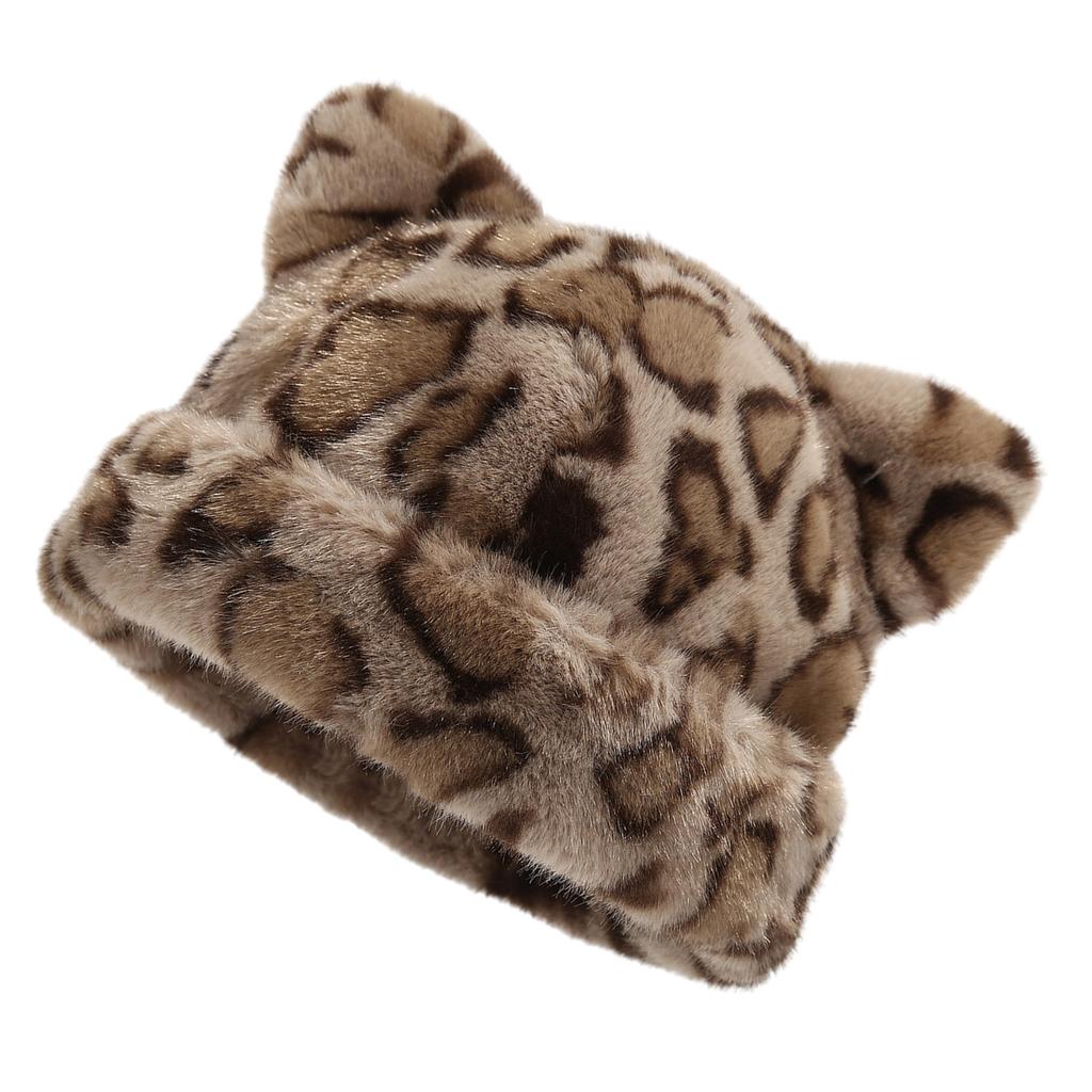 Oversized Kitten Hat with Ear Leopard Print Skiing Hat Furry Hood Cartoon Photo Props Outdoor Head Wrap for Halloween