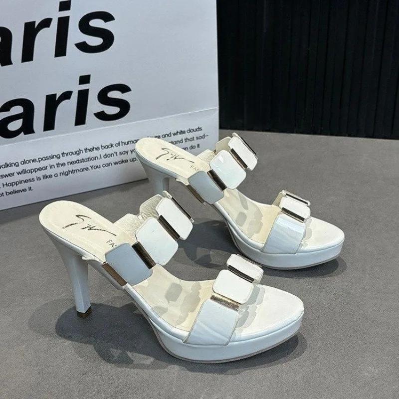 

Fashion 2025 Summer Women s Round Toe Metal Decoration Slippers Platform Thin Heels Slippers Daily Dress Party Plus Size Modern Sandals 43 белый