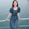 Betu Women's Short Sleeve Puff Sleeve Belted Denim Dress