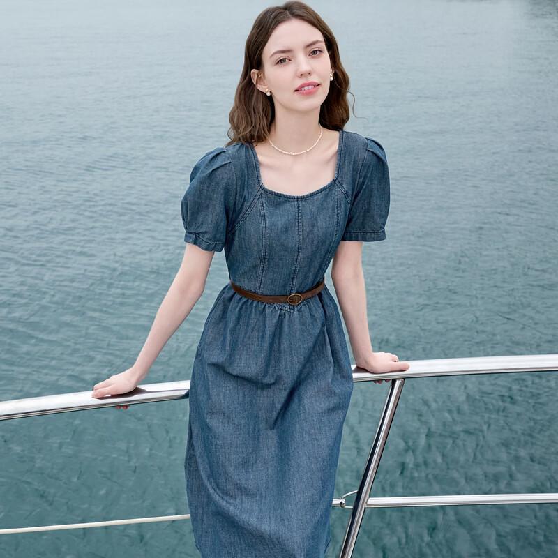 Betu Women's Short Sleeve Puff Sleeve Belted Denim Dress