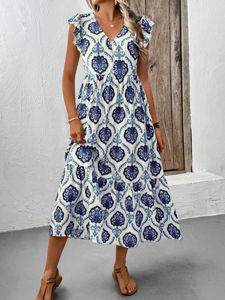 Summer French Resort Style Deep V-Neck Printed Maxi Dress