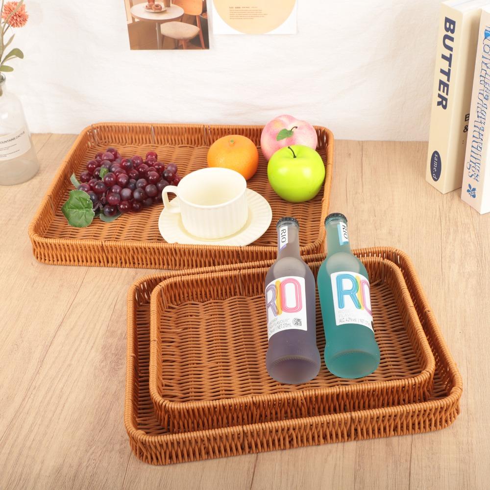 New Handwoven Food Plate Ellipse Shape Solid Storage Tray Plastic Rattan Serving Plate Storage Fruit Vegetable Cake