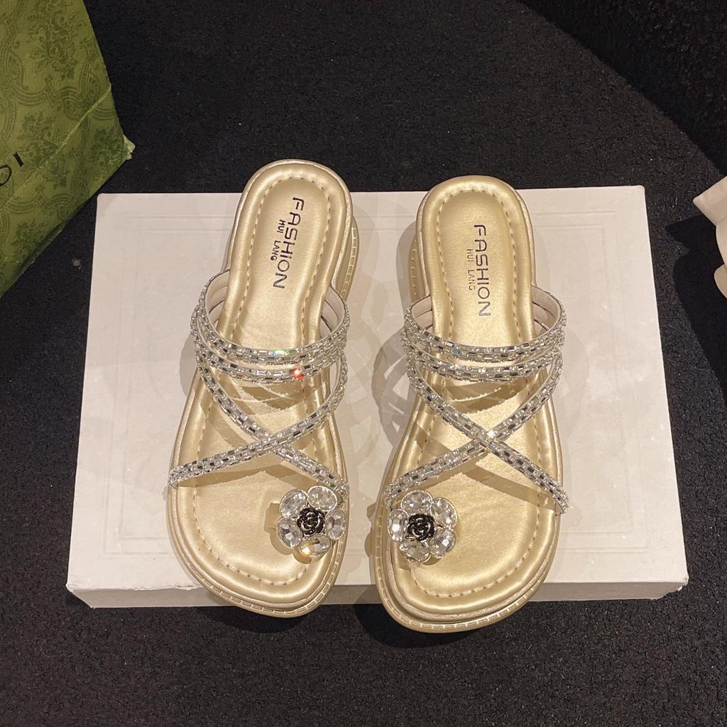Pearl Rhinestone Sandals Slippers Women's Summer Wear Pinch Feet Fat Wide Set Toes French Roman Beach Platform Wedge Sandals