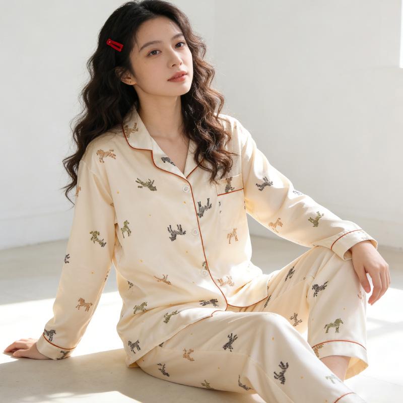 Ice Silk Pajamas Women'S Spring And Summer Thin Long-Sleeved Trousers Lapel Lazy Style Loungewear