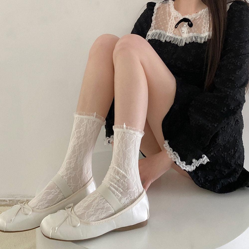 Spring And Summer Thin Meat-Through Lace Tube Socks Women'S White Hollow Mesh Stacking Socks Japanese Sweet Calf Socks