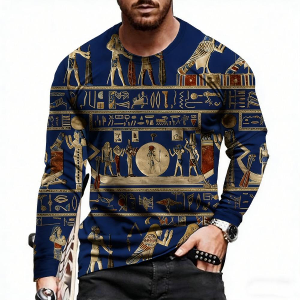 Egyptian Culture Print Pullover Europe America Fashion Men s T-shirt Comfortable Men s Long Sleeve T-shirt Outdoor Oversized Tees Top S