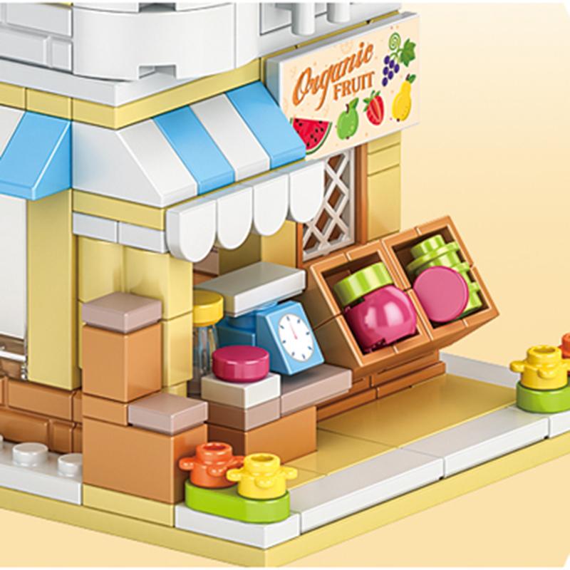 Stadt Bausteine Obstladen Blumengeschäft Hausmodell Set Desktop Deko Kinder DIY Spielzeug Weihnachts- Geburtstagsgeschenk
