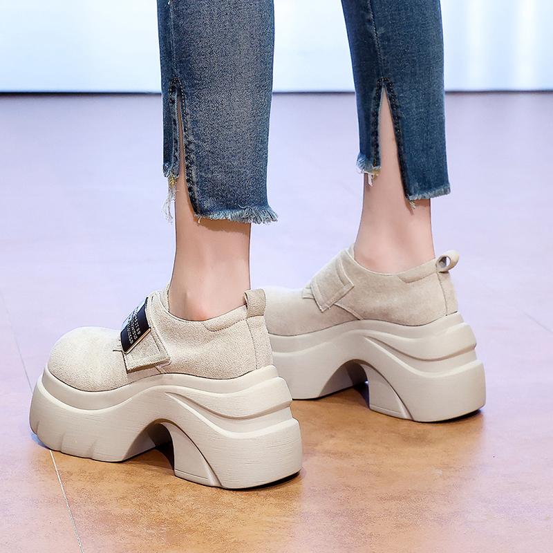 Fashion New 2025 Autumn 9CM High Heels Casual Leather Shoes Women Chunky Sneakers Comfortable Pumps High Platform Walking Shoes Woman